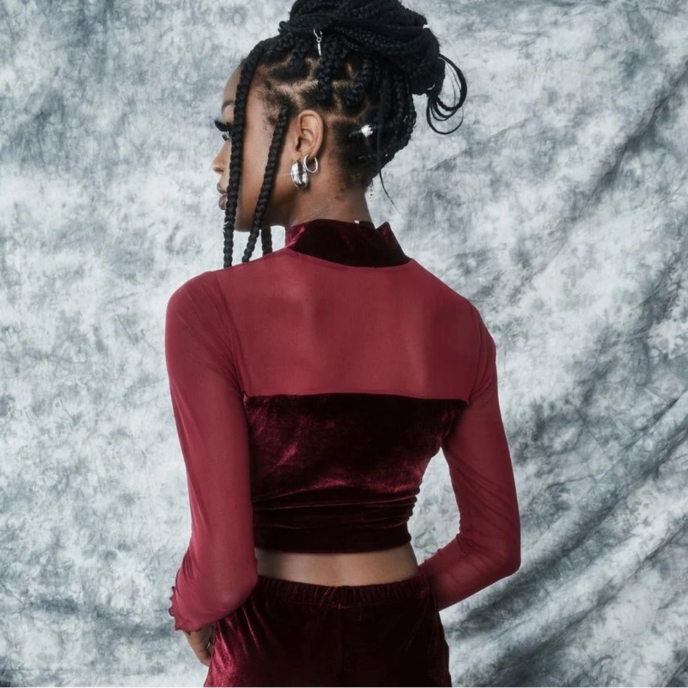 dELiA*s - Women's Burgundy Swish And Flick Velvet and Mesh Crop Top Size 1X